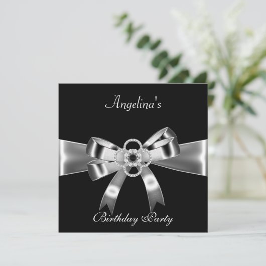 Birthday Party Elegant Black Silver Metal Bow 3 Kaart (Staand voorkant)