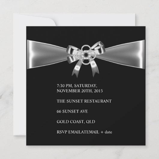Birthday Party Elegant Black Silver Metal Bow 3 Kaart (Achterkant)