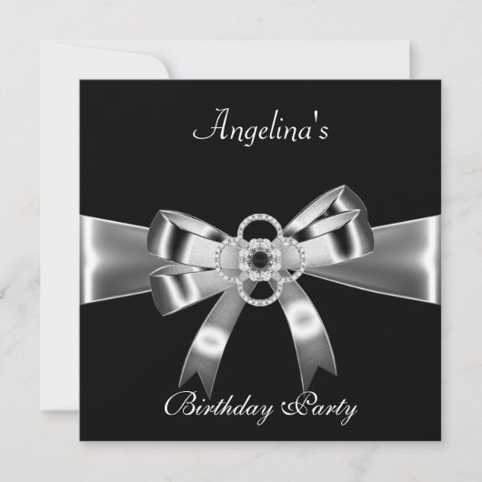Birthday Party Elegant Black Silver Metal Bow 3 Kaart (Voorkant)