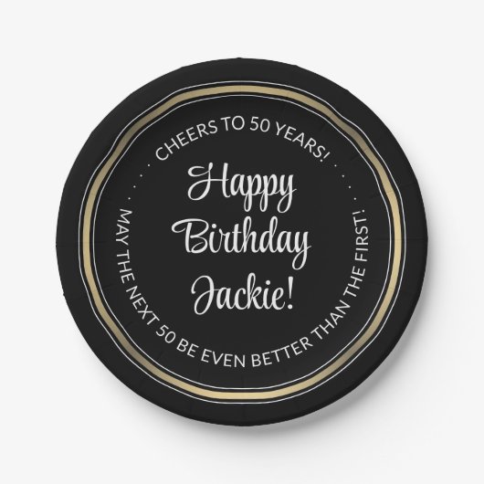 Birthday Party Elegant Black, White en Gold Round Papieren Bordje (Voorkant)