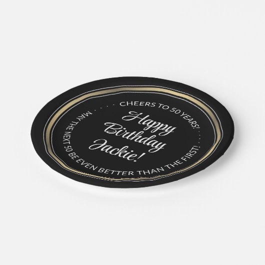 Birthday Party Elegant Black, White en Gold Round Papieren Bordje (Gekanteld)