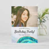Birthday Party Elegant Blauwgroen Gold Agate Geode Kaart (Staand voorkant)