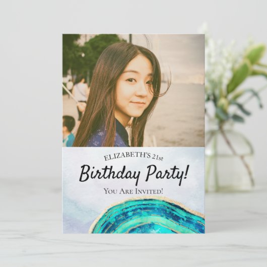 Birthday Party Elegant Blauwgroen Gold Agate Geode Kaart (Staand voorkant)