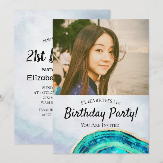 Birthday Party Elegant Blauwgroen Gold Agate Geode Kaart (Voorkant / Achterkant)