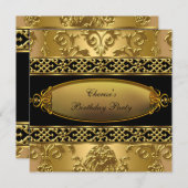 Birthday Party Elegant Damask Gold Black 3 Kaart (Voorkant / Achterkant)