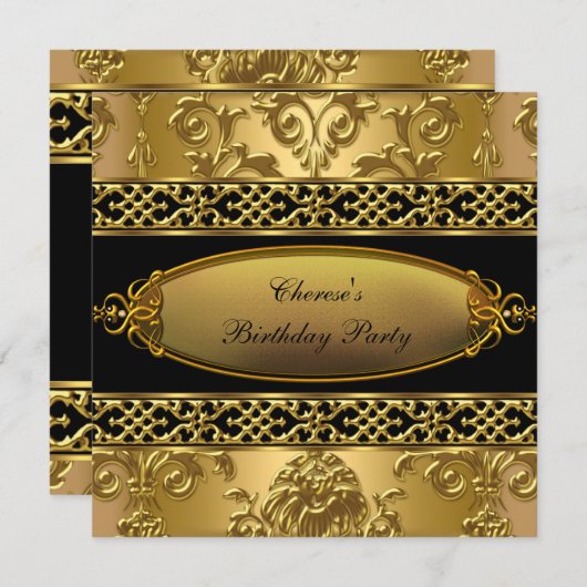 Birthday Party Elegant Damask Gold Black 3 Kaart (Voorkant / Achterkant)