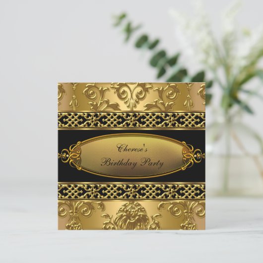 Birthday Party Elegant Damask Gold Black 3 Kaart (Staand voorkant)
