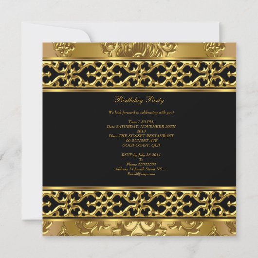 Birthday Party Elegant Damask Gold Black 3 Kaart (Achterkant)