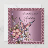 Birthday Party Elegant Floral Butterfly roze Kaart (Voorkant)