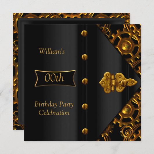 Birthday Party Elegant Gold Black Steampunk Kaart (Voorkant / Achterkant)