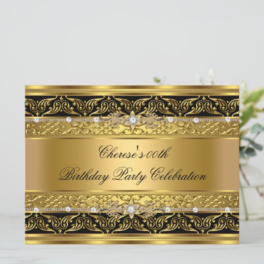 Birthday Party Elegant Gold Diamond Black Trim 3 Kaart (Staand voorkant)