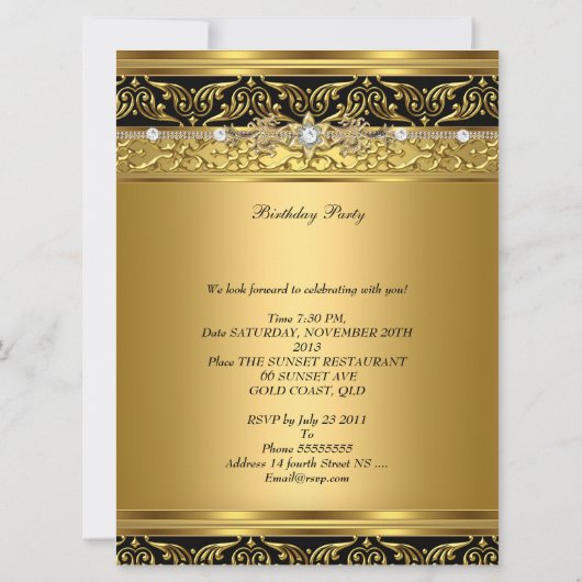 Birthday Party Elegant Gold Diamond Black Trim 3 Kaart (Achterkant)