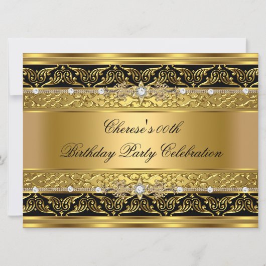 Birthday Party Elegant Gold Diamond Black Trim 3 Kaart (Voorkant)