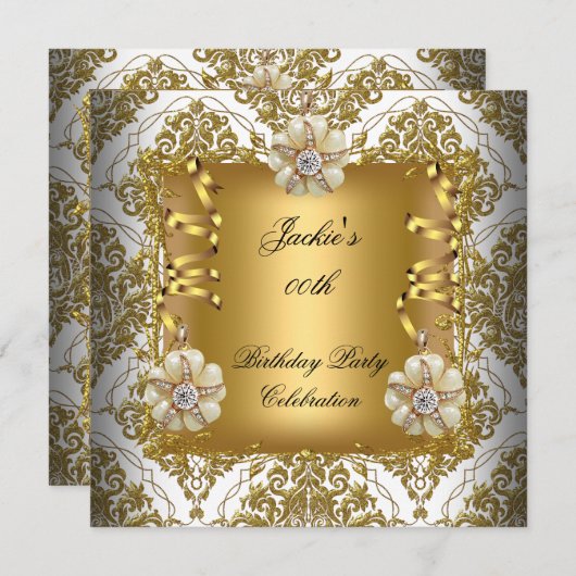 Birthday Party Elegant Gold White Silver Damask Kaart (Voorkant / Achterkant)