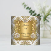 Birthday Party Elegant Gold White Silver Damask Kaart (Staand voorkant)