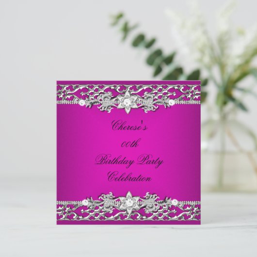 Birthday Party Elegant Hot Pink Silver Diamond Kaart (Staand voorkant)
