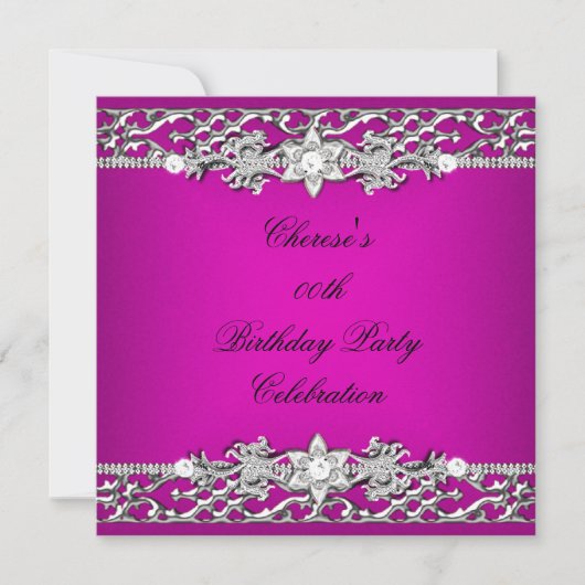 Birthday Party Elegant Hot Pink Silver Diamond Kaart (Voorkant)
