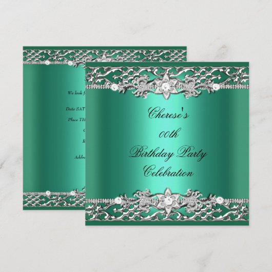 Birthday Party Elegant Jade Green Silver Diamond Kaart (Voorkant / Achterkant)