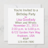 Birthday Party Elegant Roos Invitation Kaart (Achterkant)