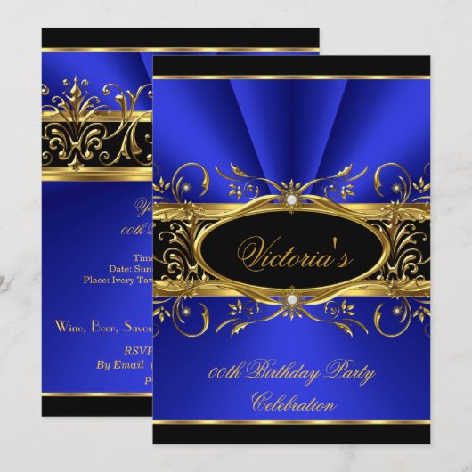 Birthday Party Elegant Royal Blue Gold Black Kaart (Voorkant / Achterkant)