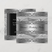 Birthday Party Elegant Silver Swirl Diamond Black Kaart (Voorkant / Achterkant)