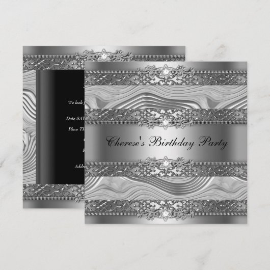Birthday Party Elegant Silver Swirl Diamond Black Kaart (Voorkant / Achterkant)