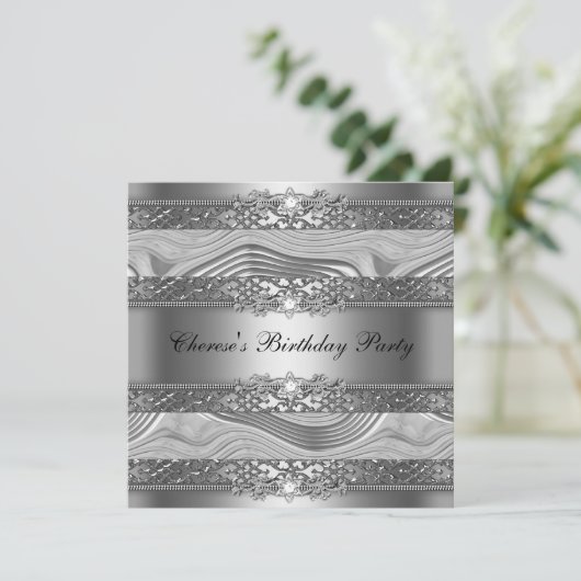 Birthday Party Elegant Silver Swirl Diamond Black Kaart (Staand voorkant)