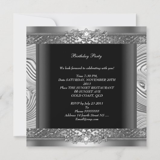 Birthday Party Elegant Silver Swirl Diamond Black Kaart (Achterkant)