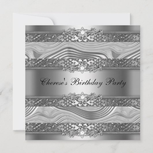 Birthday Party Elegant Silver Swirl Diamond Black Kaart (Voorkant)
