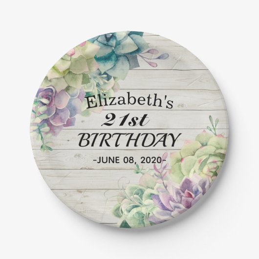 Birthday Party Elegant Succulent Plant Rustisch Ho Papieren Bordje (Voorkant)