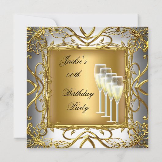 Birthday Party Elegant White Silver Gold Champagne Kaart (Voorkant)