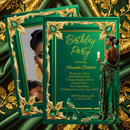 Birthday Party Emerald Green Gold high Heel Dress Kaart