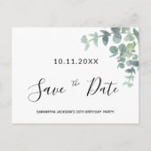 Birthday party eucaluptus greenery save the date briefkaart (Voorkant)