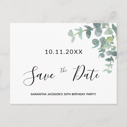 Birthday party eucaluptus greenery save the date briefkaart (Voorkant)