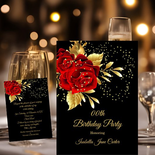 Birthday Party Exotic Red Rose Black Floral Gold 2 Kaart