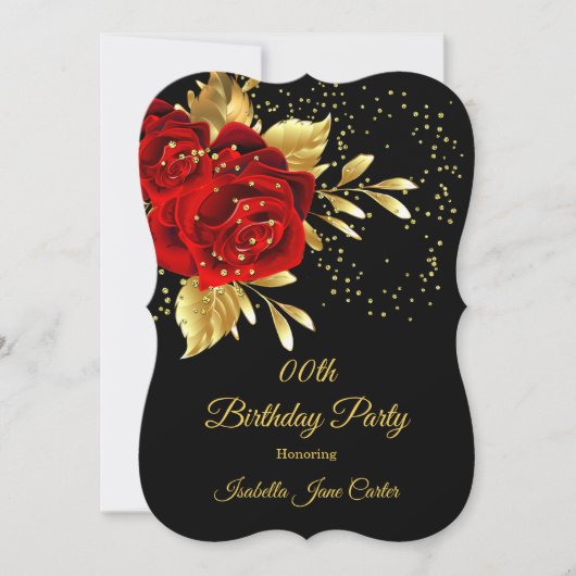 Birthday Party Exotic Red Rose Black Floral Gold 2 Kaart (Voorkant)