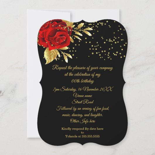 Birthday Party Exotic Red Rose Black Floral Gold 2 Kaart (Achterkant)