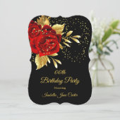 Birthday Party Exotic Red Rose Black Floral Gold 2 Kaart (Staand voorkant)