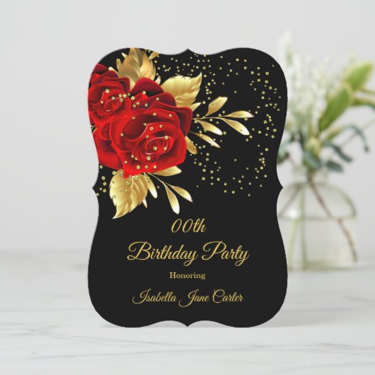 Birthday Party Exotic Red Rose Black Floral Gold 2 Kaart (Staand voorkant)