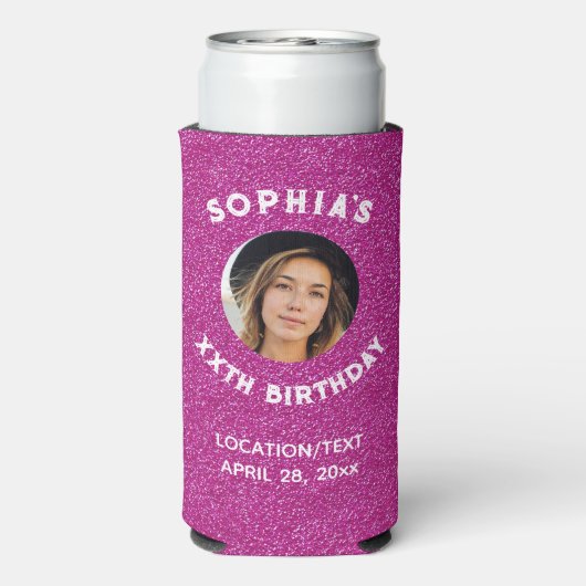 Birthday Party Favor Pink Glitter Foto Seltzer Blikjeskoeler (Seltzer Achterkant)