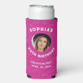 Birthday Party Favor Pink Glitter Foto Seltzer Blikjeskoeler (Seltzer Voorkant)