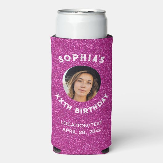 Birthday Party Favor Pink Glitter Foto Seltzer Blikjeskoeler (Seltzer Voorkant)