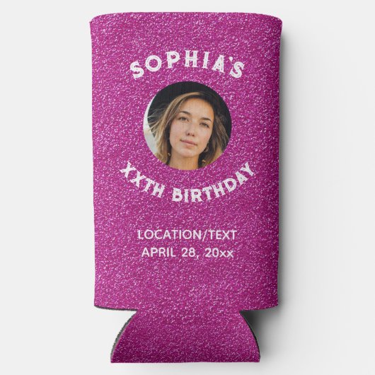 Birthday Party Favor Pink Glitter Foto Seltzer Blikjeskoeler (Achterkant)
