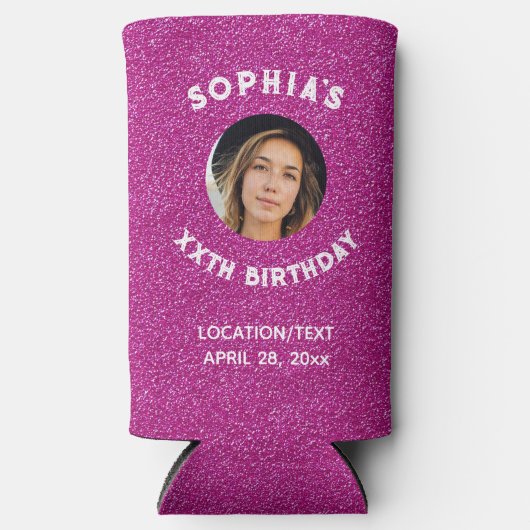 Birthday Party Favor Pink Glitter Foto Seltzer Blikjeskoeler (Voorkant)