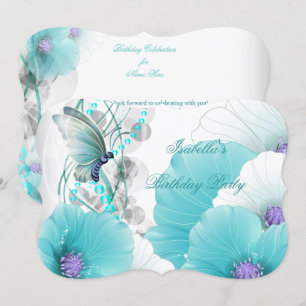 Birthday Party  Floral Blauwgroen White Butterfly Kaart
