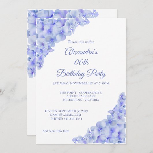 Birthday Party Floral Blue Hydrangeas White Kaart (Voorkant / Achterkant)