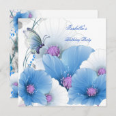 Birthday Party  Floral Blue White Butterfly Kaart (Voorkant / Achterkant)