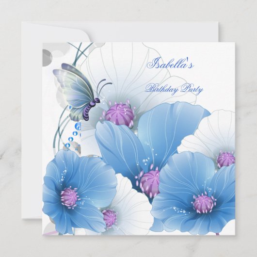 Birthday Party  Floral Blue White Butterfly Kaart (Voorkant)