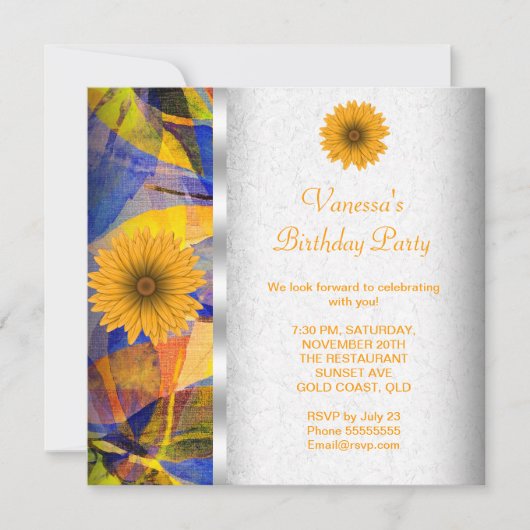 Birthday Party Floral Blue Yellow Flowers Kaart (Voorkant)