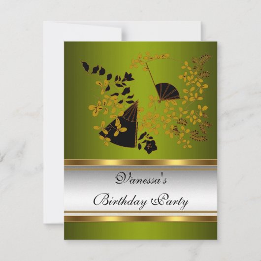 Birthday Party Floral Green White Black Gold Kaart (Voorkant)